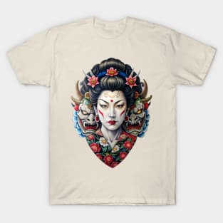 Japanese Geisha with Oni Masks Tattoo T-Shirt